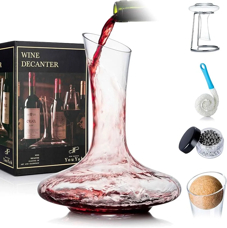 NEW PACIFIC YOUYAH YouYah - Juego de decantador de vino con soporte de secado, tapón, cepillo y cuentas, jarra de vino tinto, accesorios de vino, vidrio de cristal soplado a mano 100% sin plomo (clásico) — Vino y mesa festiva