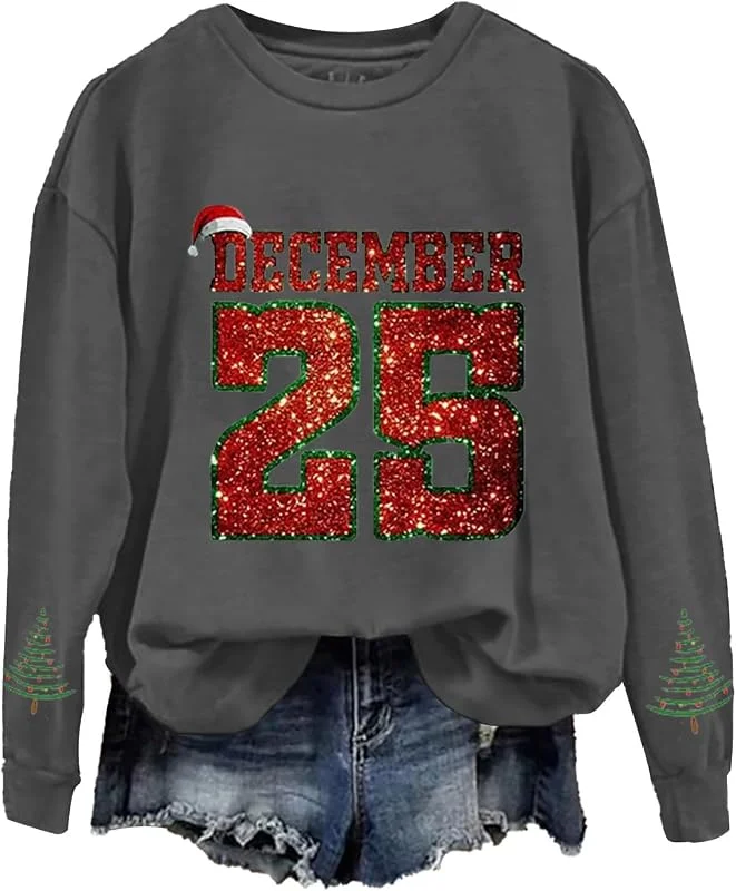 tacniseyw Suéter de Navidad para mujer, 25 de diciembre, estampado gráfico, sudadera de Navidad para mujer, manga larga, cuello redondo, camiseta fea de gran tamaño, suéter de invierno — Ropa Navidad