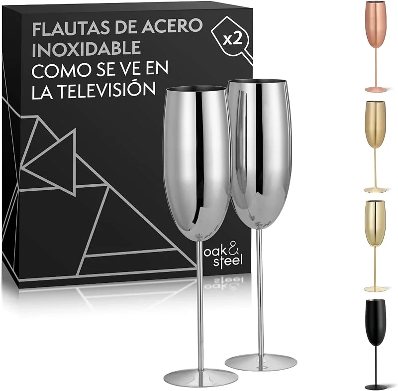 Visita la tienda de OS Oak & Steel ENGLAND Oak & Steel - 2 Copas de Champán Plateadas (280ml) - Copas de Prosecco Plateadas de Acero Inoxidable, Copas de Metal Irrompibles con Caja de Regalo — Vino y mesa festiva