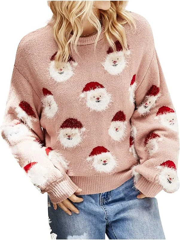 AnnSemo Jersey de Navidad para mujer, cuello redondo, manga larga, informal, de punto grueso, para otoño, invierno, Navidad, suéter elástico y cálido para Navidad — Ropa Navidad