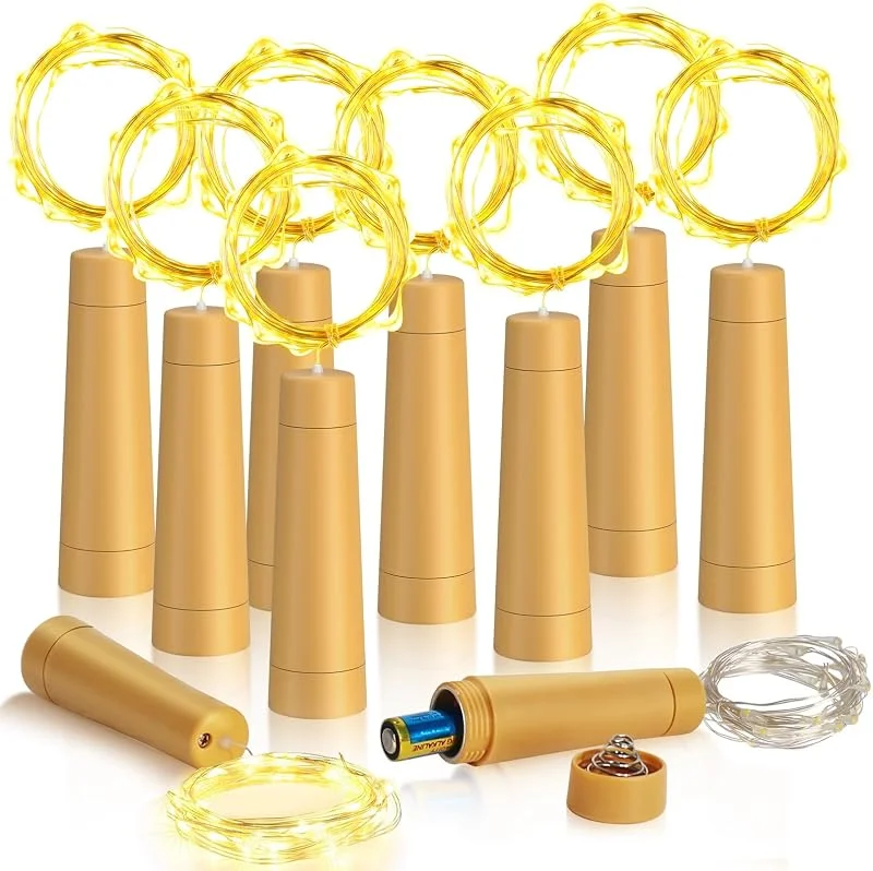 Ymenow Luz para botellas con temporizador, 10 unidades, cadena de luces de botella, corcho, 2 m, 20 LED, alambre de cobre, cadena de luces para interior para botellas de bricolaje, árbol de Navidad — Luces Navidad