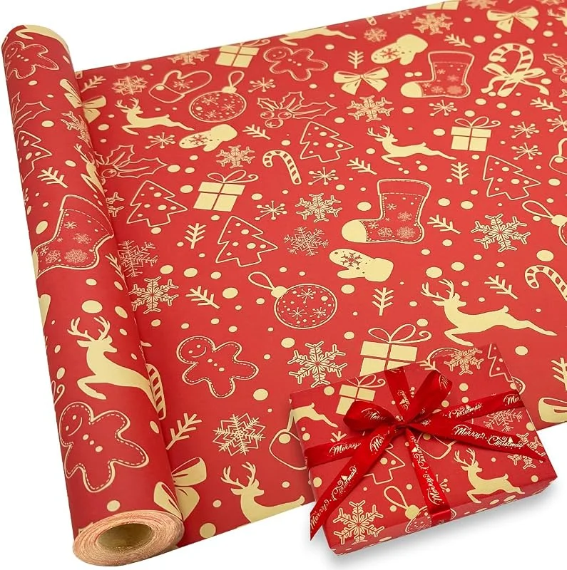 DOJoykey Papel de regalo Navidad para envolver regalos, rollo de papel de regalo de-Navidad, diseño festivo rojo, 43 cm x 15 m, para decoración de fiestas — Envoltorio regalo