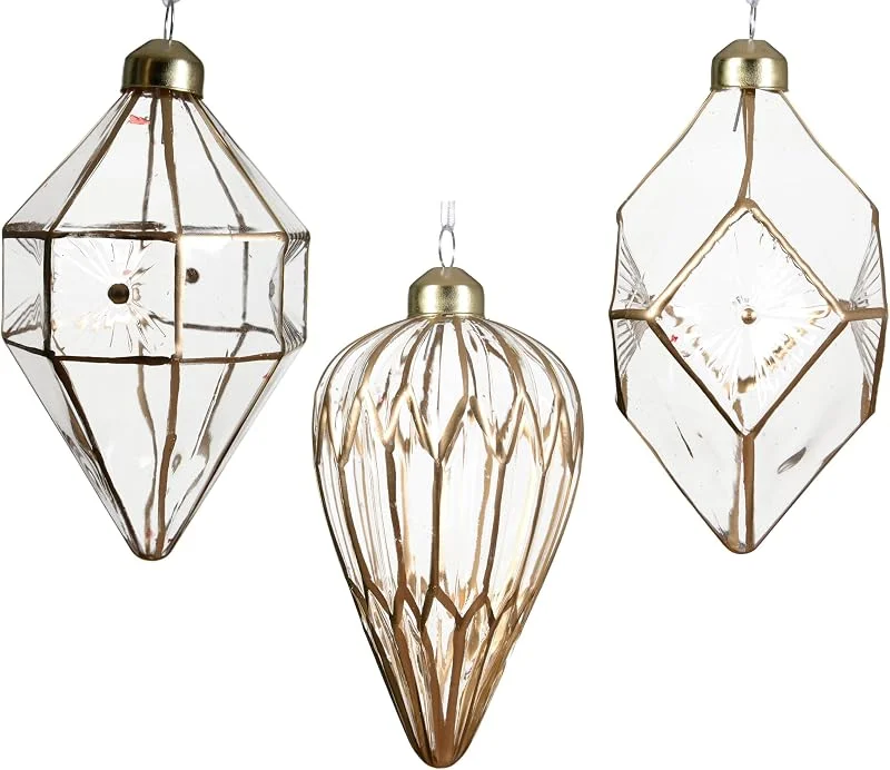 Kaemingk Adornos para árbol de Navidad de cristal, 12 cm, diamantes y conos para colgar, juego de 12 unidades, colgantes para árbol de Navidad, adornos transparentes y dorados — Decoracion Navidad