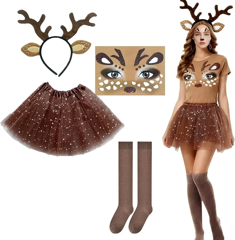 ZXTGBQ Disfraz Reno Mujer, Falda Tutú, Orejas de Cuernos, Cuernos Reno, Diadema Navidad, Disfraz De Animal, para Carnaval Fiesta Temática Halloween Navidad Cosplay — Ropa Navidad