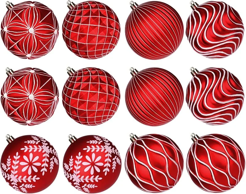 Lanpn 12 Pcs 10cm Bolas de Navidad Grandes, XXL Bola Árbol Navideñas Exterior, Esferas Navidad Inastillable de Relieve Patrón, Adornos Navideña Colgante para Hogar Jardines Patios, Rojo & Blanco — Decoracion Navidad