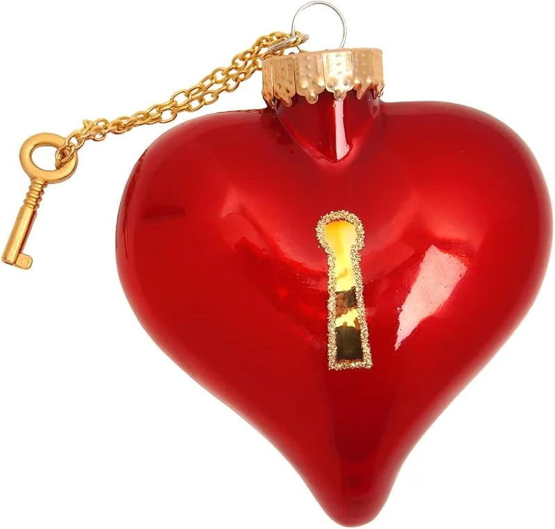 Krebs Glas Lauscha - Decoración navideña, Adorno para árbol de navidad de cristal - Corazón con llave dorada y cadena - Color: Rojo - Tamaño: aprox. 8 cm — Decoracion Navidad