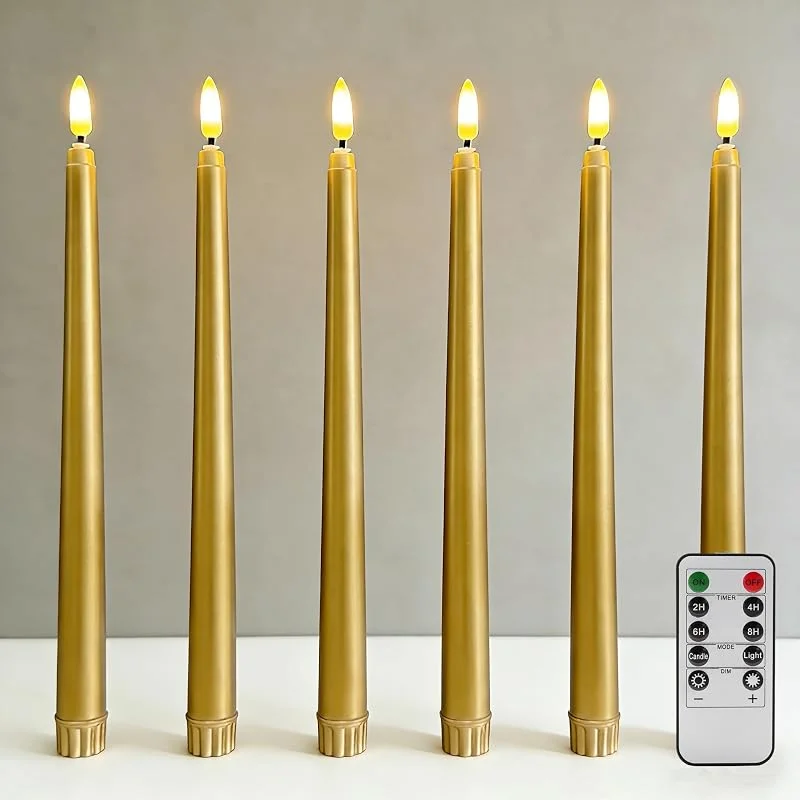 Ni-JASW Juego de 6 velas cónicas sin llama doradas con control remoto — Cena a la luz de velas