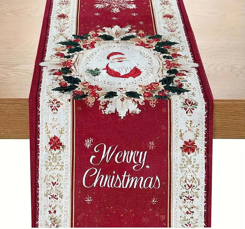 FOSDICK Camino de Mesa Navidad, Camino Mesa Navidad Papá Noel Copos de Nieve, Camino de Mesas Navideño Rojo Arpillera Lavable Caminos Mesas Navidads para Decoración Mesas de Cena Navidads — Hogar y cocina